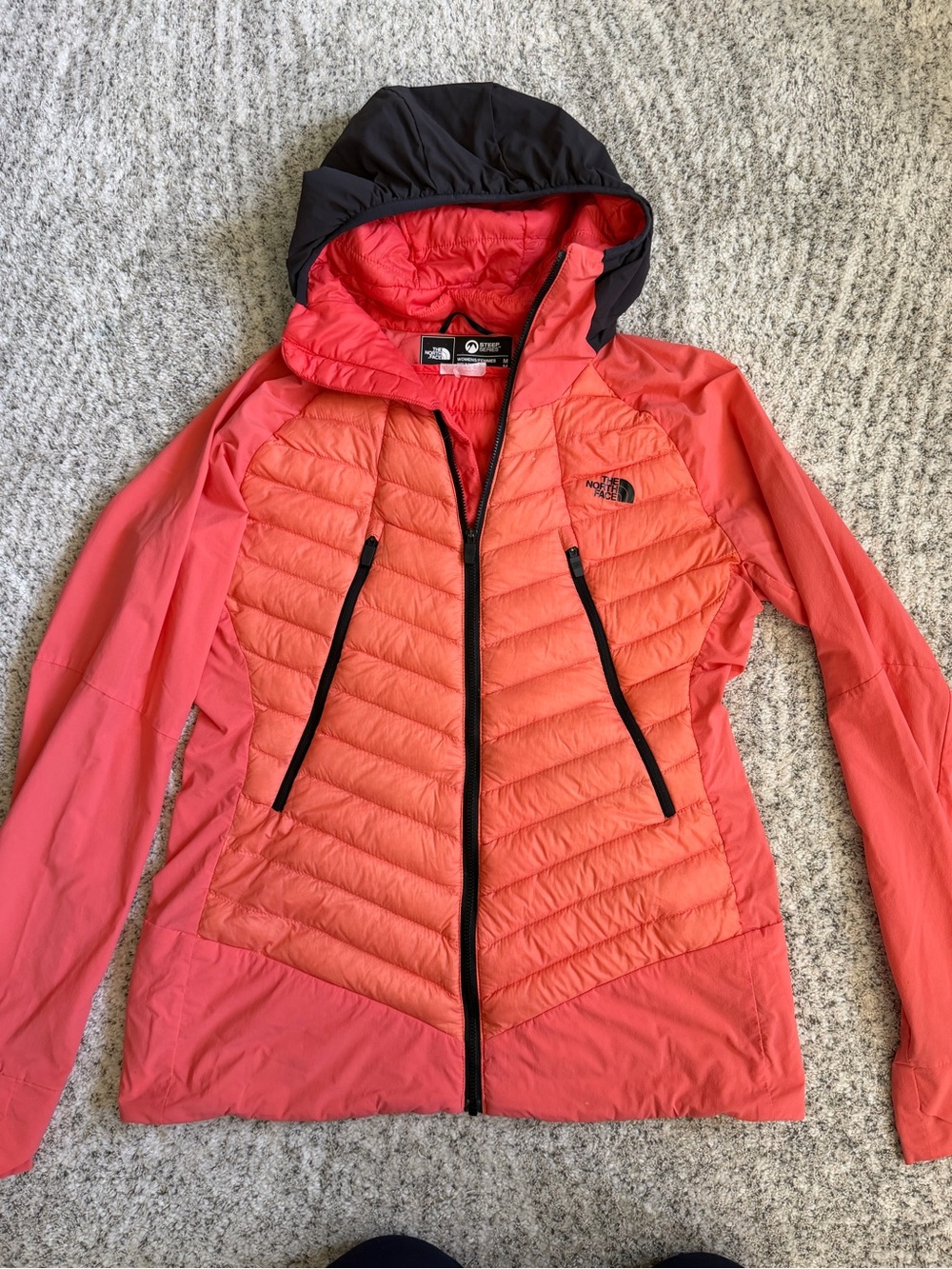 The North Face Coral and Black Hooded Hybrid Puffer Jacket